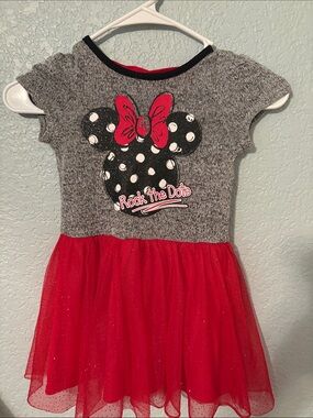 Disney Minnie Mouse Girls' Red and Gray Polka Dot Tulle Dress-Rock the Dots 4/5